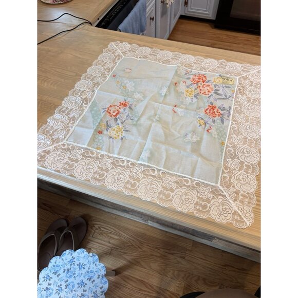 Vintage Japanese Kimono Scarf Kerchief Floral Lace Blue Hydrangea Gift Beautiful - Picture 2 of 12